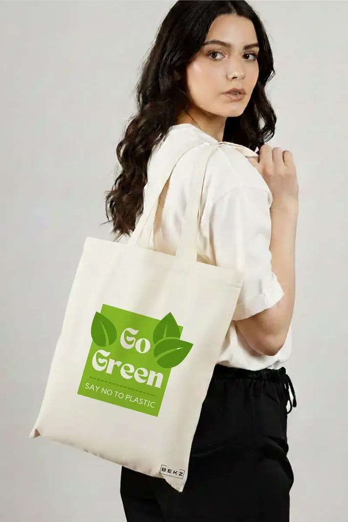 Sacosa de Panza pentru Cumparaturi, Geanta Tote, model Go Green - Say no to plastic, 38x34.5 cm, Alba, BEKZ®