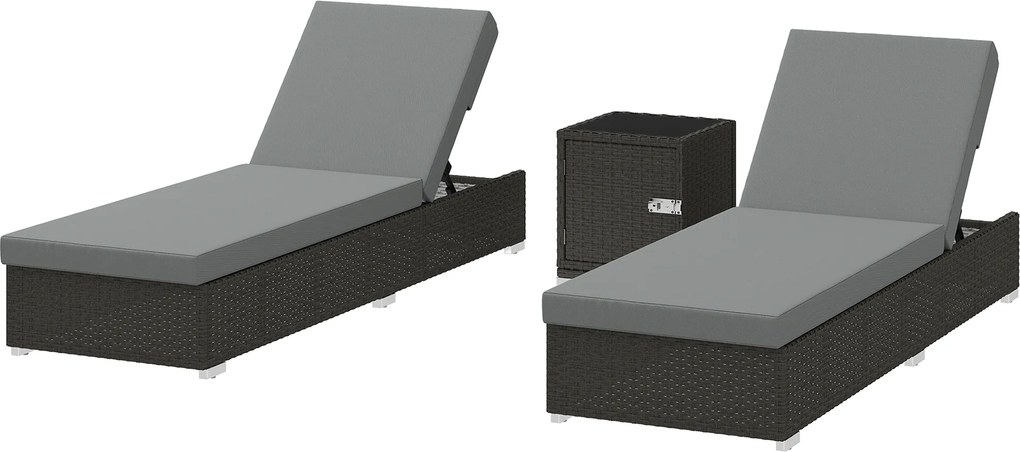 Outsunny Set 2 Șezlonguri de Grădină din Ratan cu Măsuță Laterală și Spătar Reglabil, 184x60x22 cm, Gri Închis | Aosom Romania