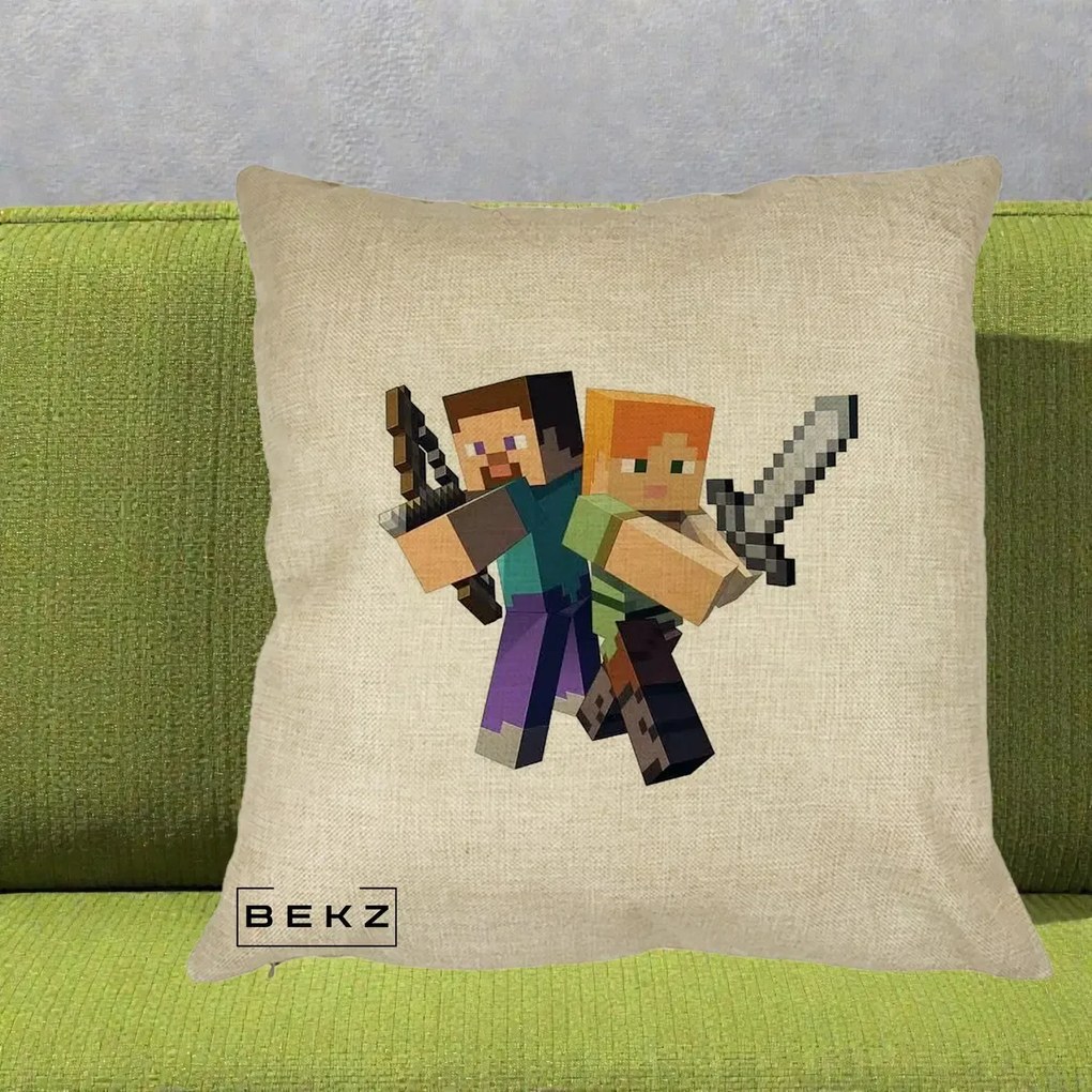 Perna Personalizata Minecraft Steve si Alex, 40x40 cm, Crem, Husa Detasabila, Perna Inclusa, BEKZ®