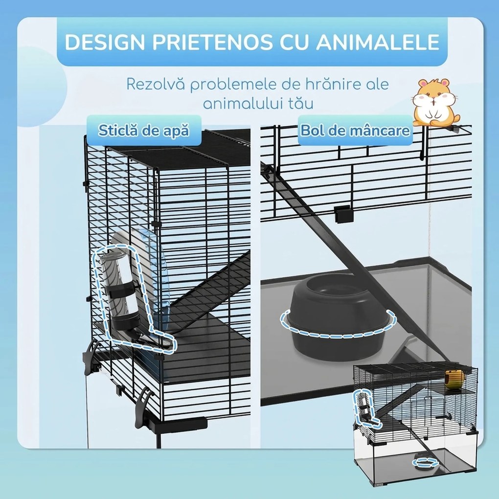 PawHut Cușcă pentru Hamsteri, Gerbili și Animale Mici din Fir de Otel și Sticlă cu Rotiță, 60x40x57 cm, Negru | Aosom Romania