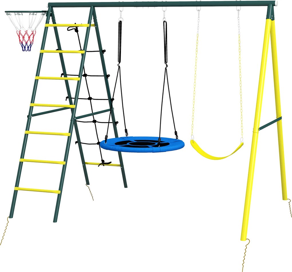 Outsunny Leagăn pentru copii 4 în 1 cu Leagăn tip Cuib și individual Plasă de cățărat Coș de baschet Scară Galben | Aosom Romania