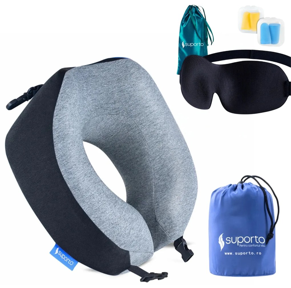 Set Perna de calatorie Suporto Travel Companion. Perna voiaj din spuma cu memorie, Neagra + Masca de dormit Suporto 3D cu saculet Verde Smarald,