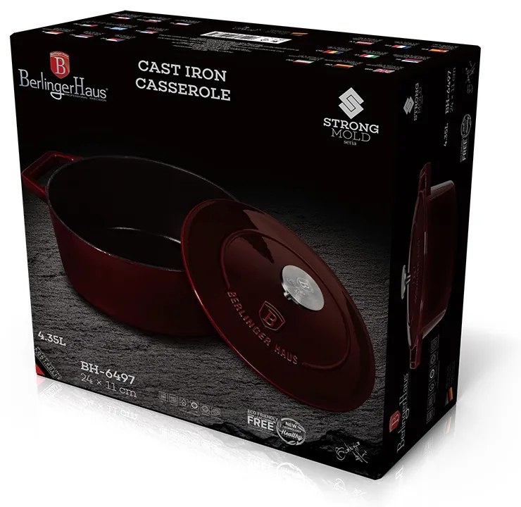 Oală din fontă 24 cm cu capac, 4.35 L Berlinger Haus BH 6497, Burgundy Line, compatibilă cuptor/inducție