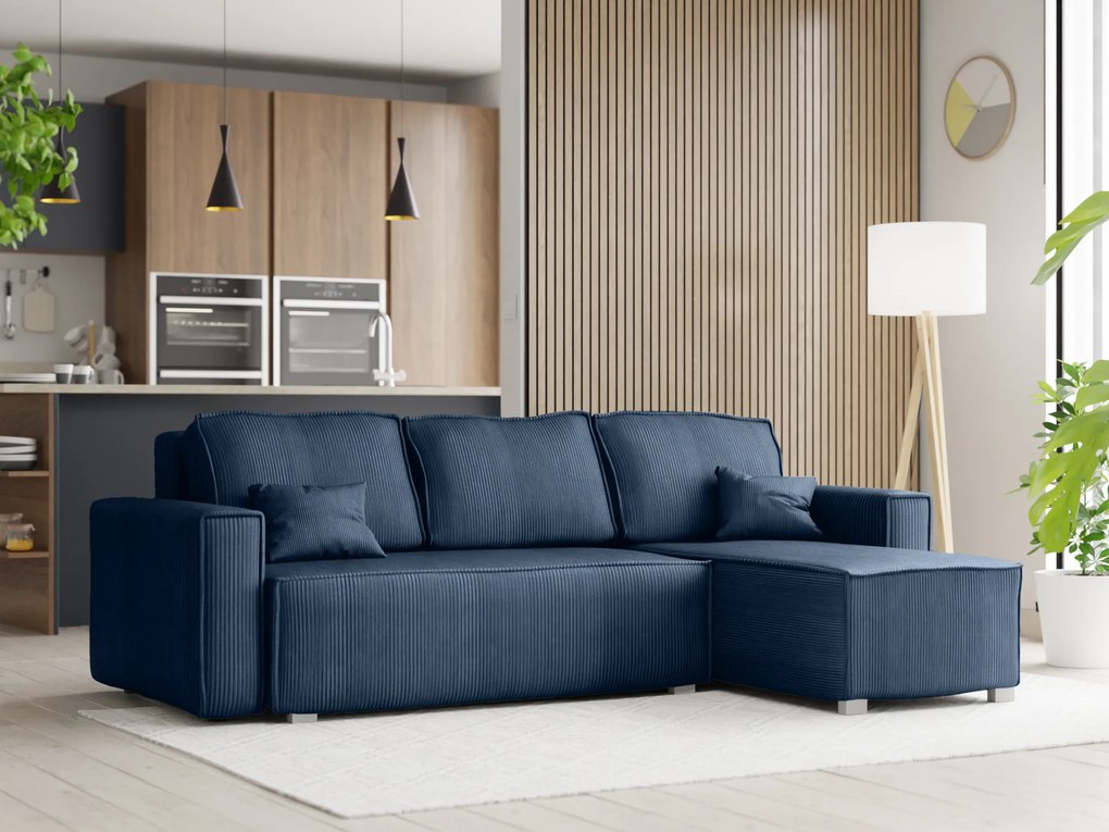 Canapea extensibila cu colt bilateral SMART COSARO albastru inchis + 2 perne GRATUITE