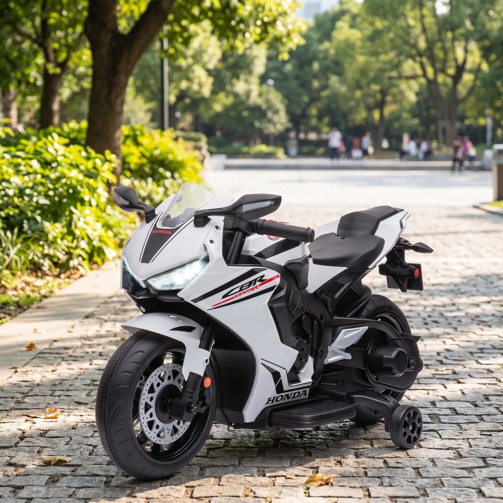 HOMCOM Motocicletă Electrică pentru Copii cu Baterie Reîncărcabilă de 6V, Viteză 3 km/h și Muzică, 90x44x52 cm, Alb | Aosom Romania