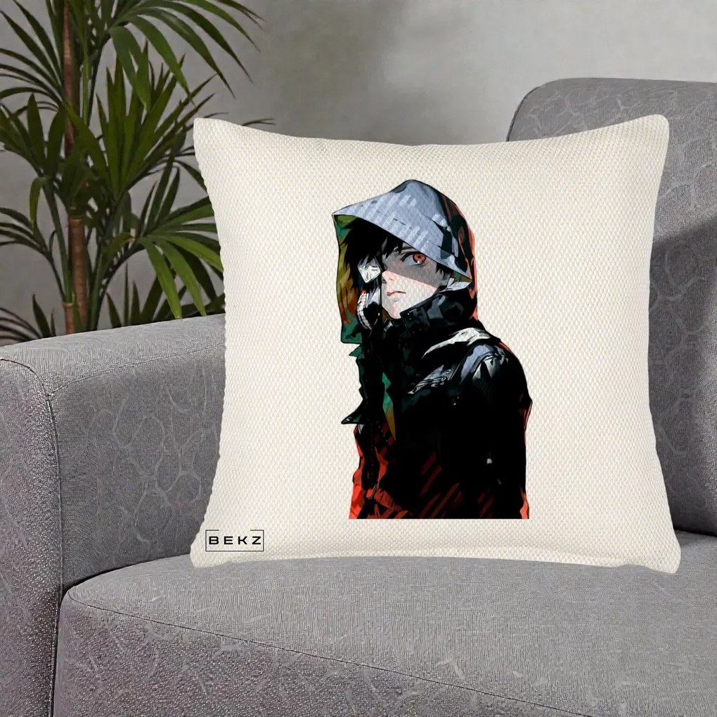 Perna Personalizata Tokyo Ghoul Ken Kaneki cu Masca si Gluga, 40x40 cm, Crem Reliefat, Husa Detasabila, Perna Inclusa, BEKZ®