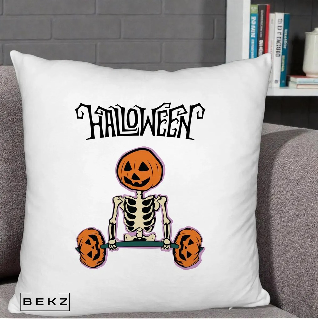 Perna Decorativa Halloween Schelet cu Cap de Dovleac Powerlifting, 40x40 cm, Alb Pufos, Husa Detasabila, Perna Inclusa, BEKZ®