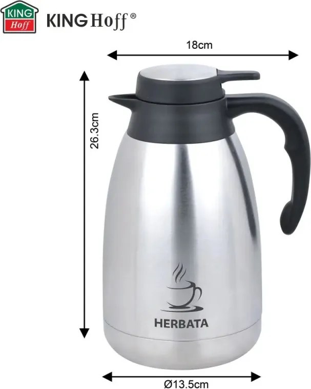Cană termică de conferință pentru ceai Kinghoff KH 2095, 2 l, pereți dubli, corp din oțel inoxidabil, inox/negru