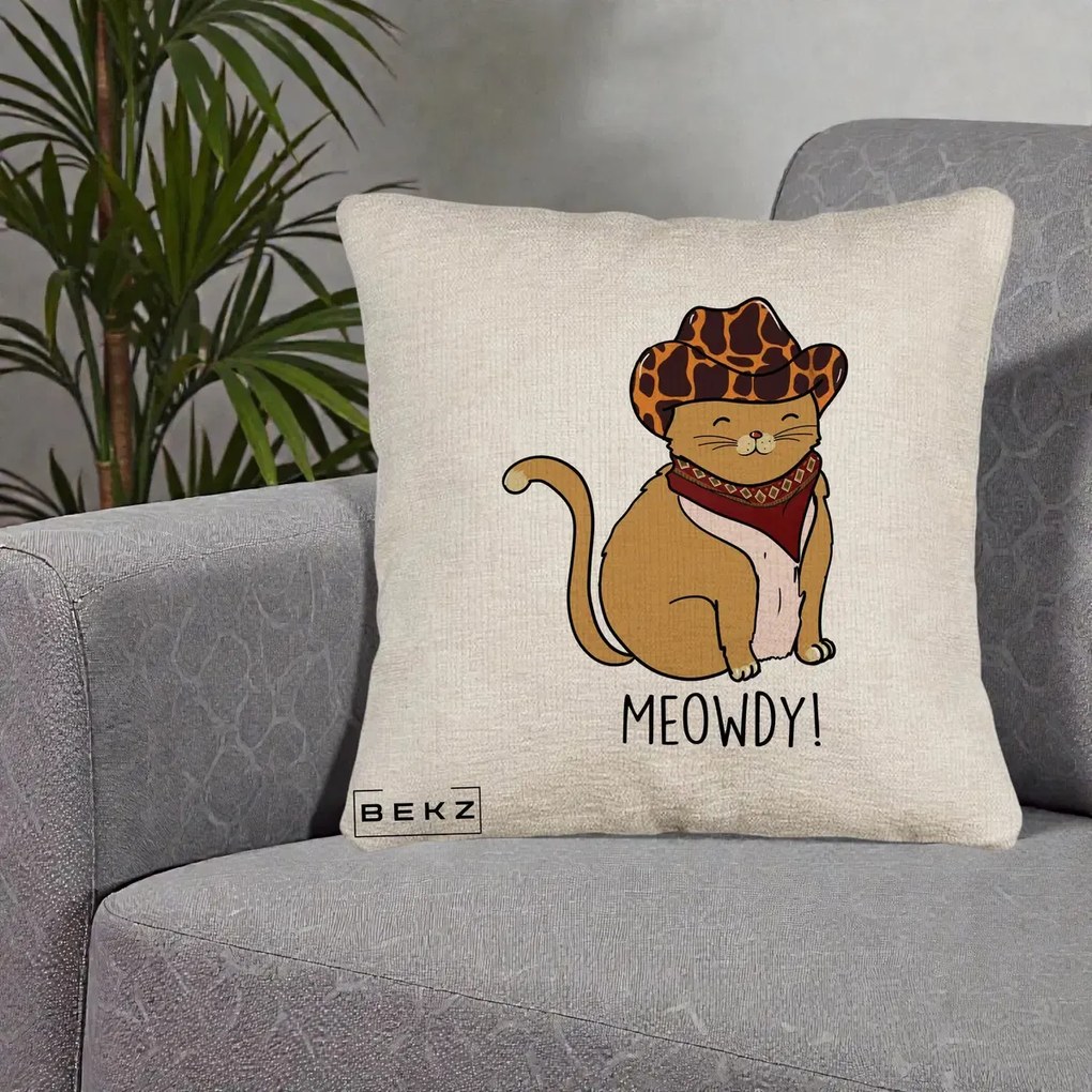 Perna Decorativa Pisica Cowboy Meowdy, 40x40 cm, Bej Canapea, Husa Detasabila, Perna Inclusa, BEKZ®