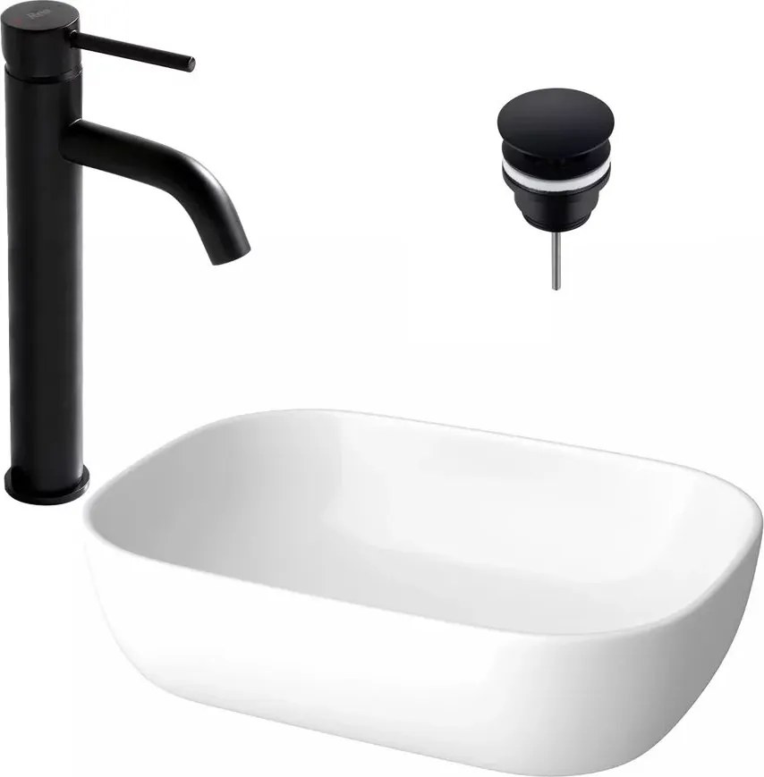Pachet lavoar pe blat Cersanit Moduo alb 50.5 cm, baterie lavoar Rea Lungo negru si ventil lavoar Click-Clack D negru