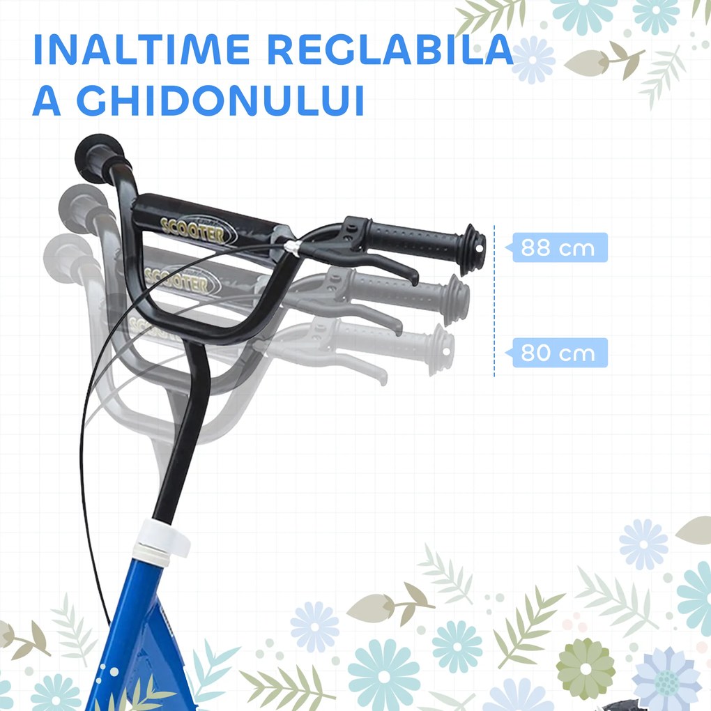 HOMCOM Monopatin cu 2 Roți pentru Copii 5-12 Ani cu Frână Posterioră și Ghidon Reglabil, Monopatin din Oțel și Plastic, 120x52x80-88 cm, Albastru | Aosom Romania