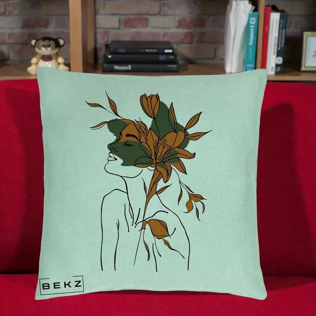 Perna Decorativa Portret Feminin Crin Auriu, 40x40 cm, Verde Menta, Husa Detasabila, Perna Inclusa, BEKZ®