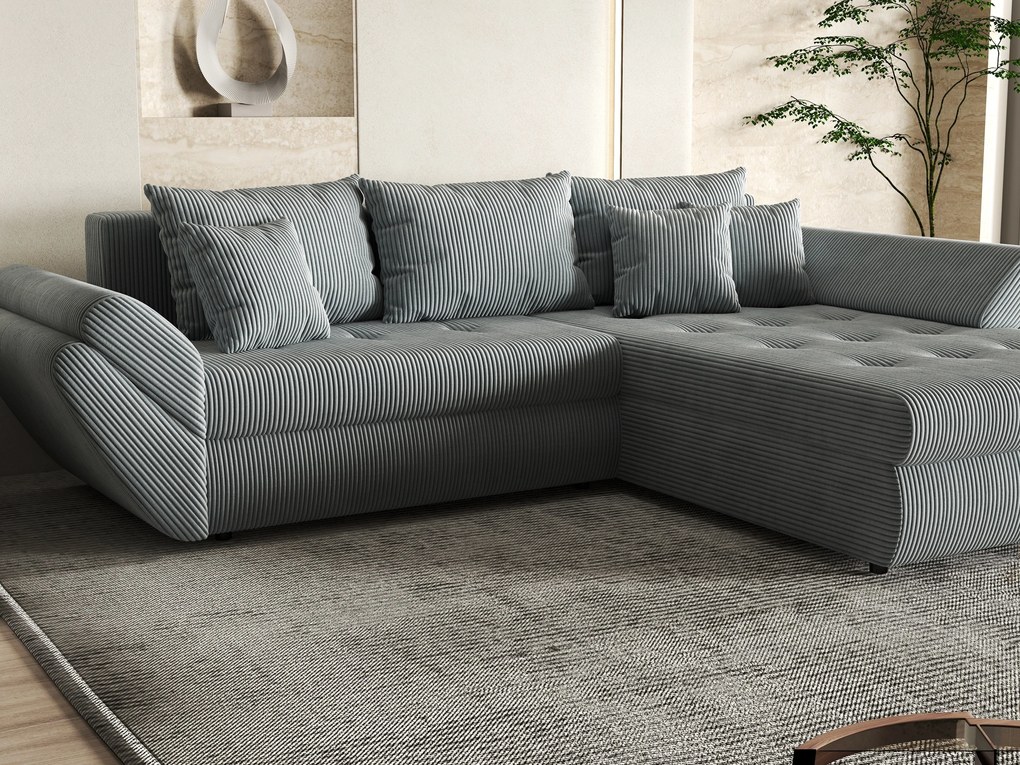 Colțar extensibil dumonde cu ladă de depozitare si sezut confortabil din spuma high-density, Loana Zoom Grey II 270x185 cm