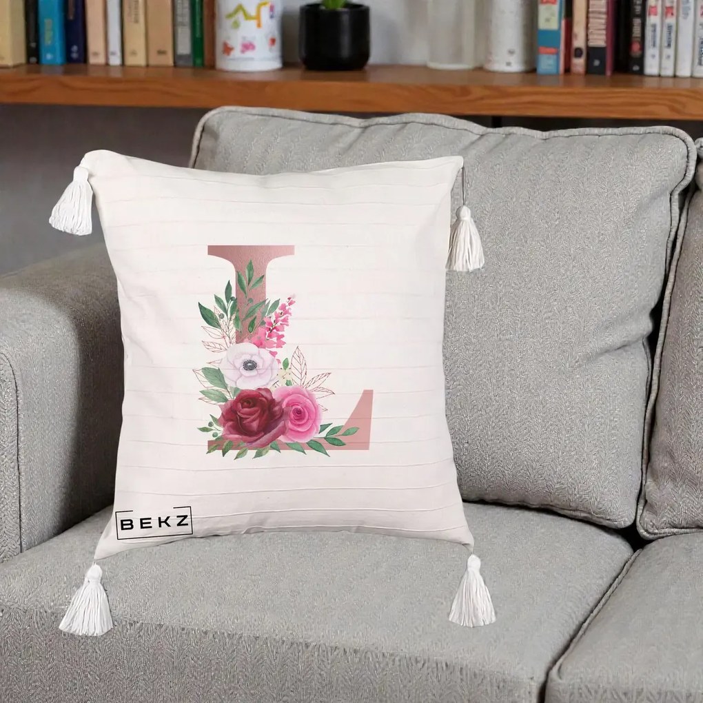Cadou Personalizat - Perna Personalizata Monograma Rose Gold Litera L, 40x40 cm, Bej cu Franjuri, Husa Detasabila, Perna Inclusa, BEKZ®