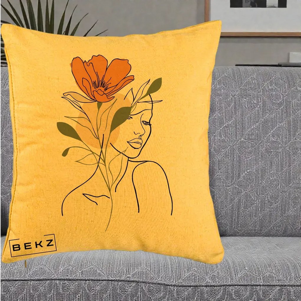 Perna Decorativa Portret Feminin Floare Portocalie, 40x40 cm, Galben, Husa Detasabila, Perna Inclusa, BEKZ®