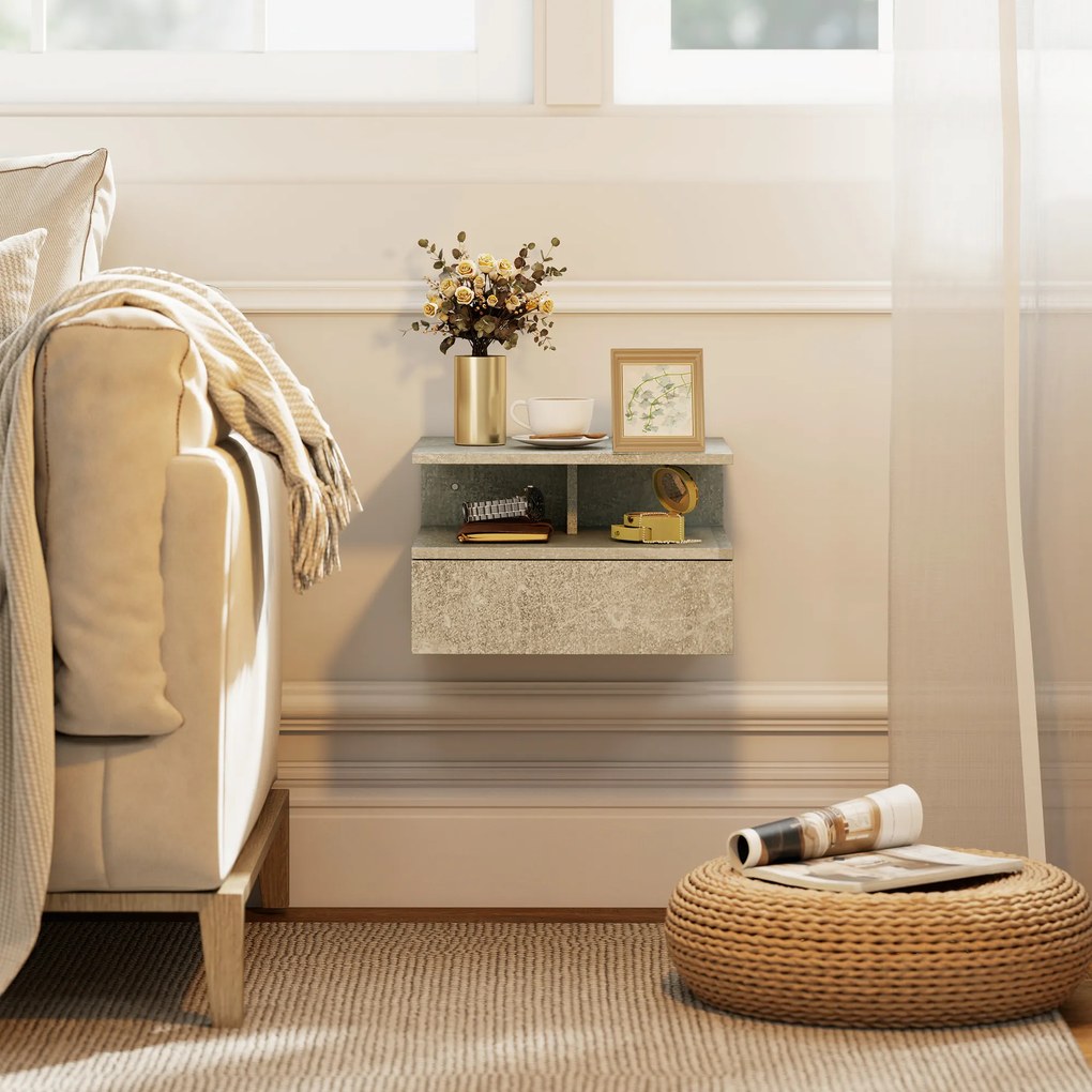 HOMCOM Set de 2 Noptiere Suspendate cu Sertar și Raft Deschis, 35x32x22.5 cm, Gri Ciment | Aosom Romania