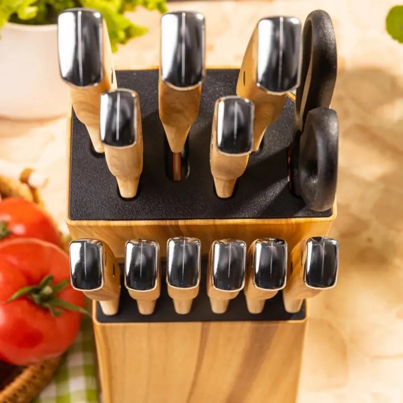 Set de cuțite de bucătărie Klausberg KB 9038, 13 piese, ascuțitor încorporat, oțel inoxidabil, suport, maro
