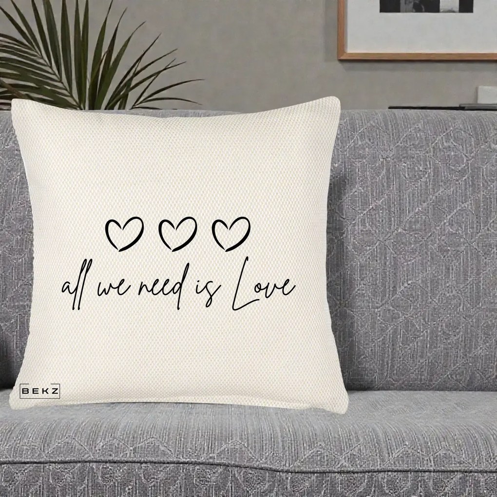 Perna Decorativa All We Need Is Love, 40x40 cm, Crem Reliefat, Husa Detasabila, Perna Inclusa, BEKZ®
