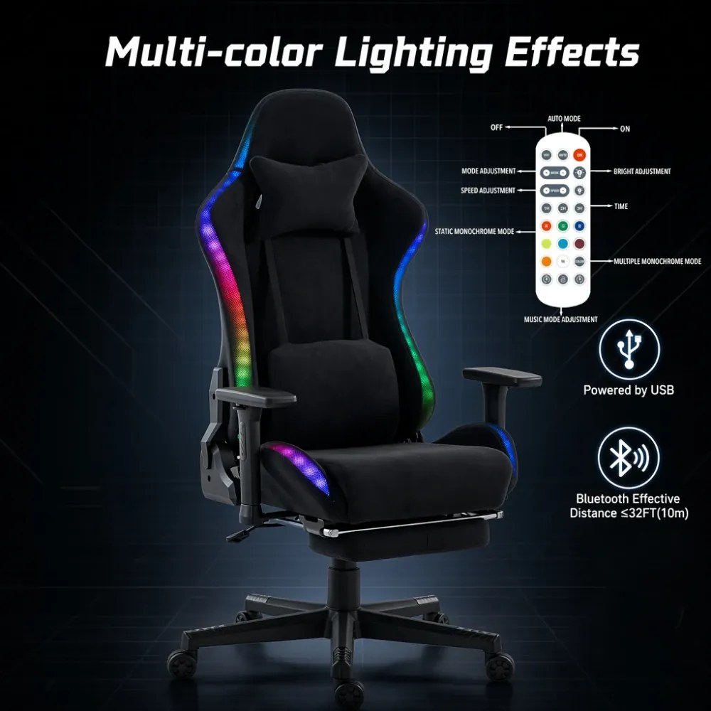 Scaun Gaming cu RGB, Iluminare LED Multicolor, Telecomanda, Cotiere 3D, Reclinare 180°, Suport Picioare, Catifea, Negru