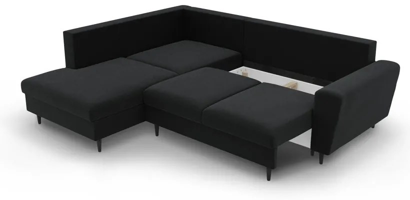 Colțar negru extensibil, cu spațiu de depozitare cu tapițerie din catifea (cu colț pe partea stângă-în formă de ”L”) Kyoto – Cosmopolitan Design