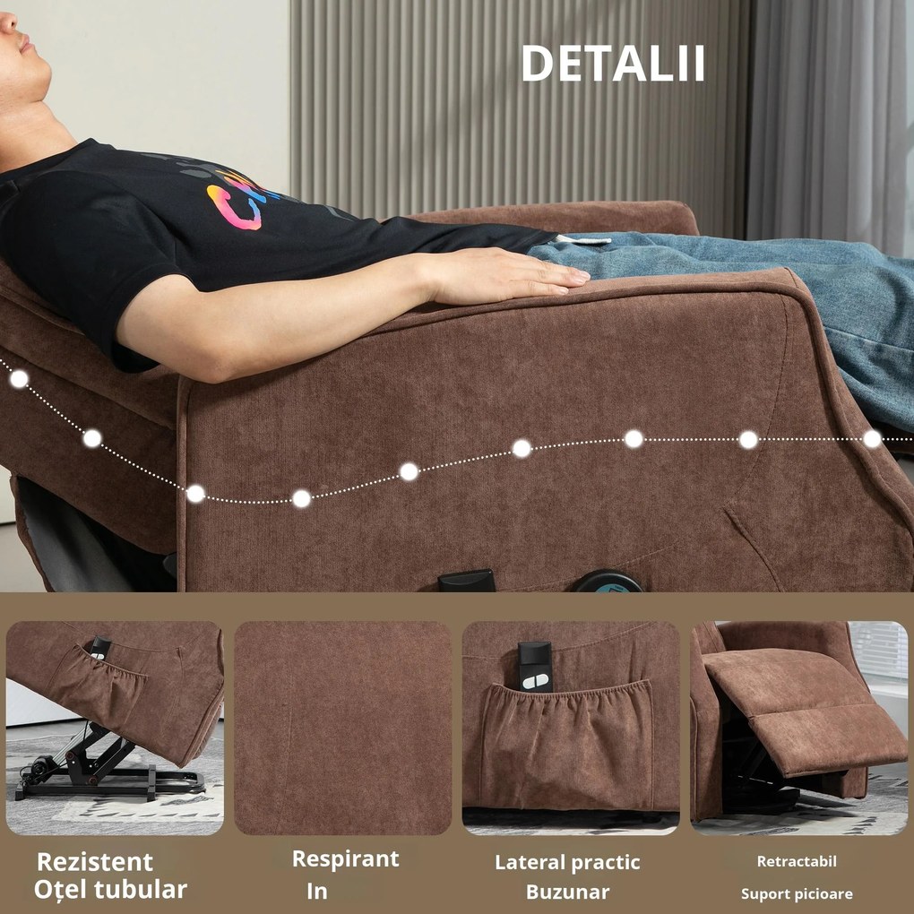 HOMCOM Fotoliu de Relaxare Electric cu 2 Telecomenzi, Suport pentru Picioare și 8 Puncte de Masaj, 74,5x87,5x110 cm, Maro | Aosom Romania