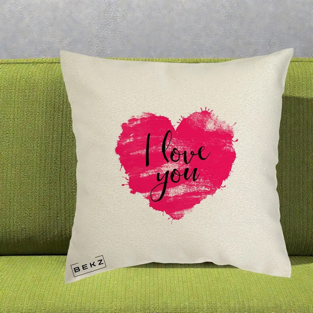 Cadou Romantic - Perna Personalizata I Love You Inima Roz, 40x40 cm, Ecru, Husa Detasabila, Perna Inclusa, BEKZ®