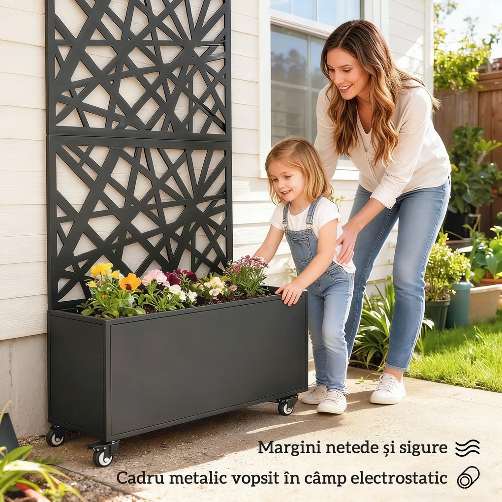 Outsunny Jardinieră pentru Grădină cu Roți și Grilaj, Jardinieră pentru Exterior cu Găuri de Drenaj din Metal, pentru Flori și Legume, pentru Grădină și Balcon, 90x30x160 cm, Negru | Aosom Romania
