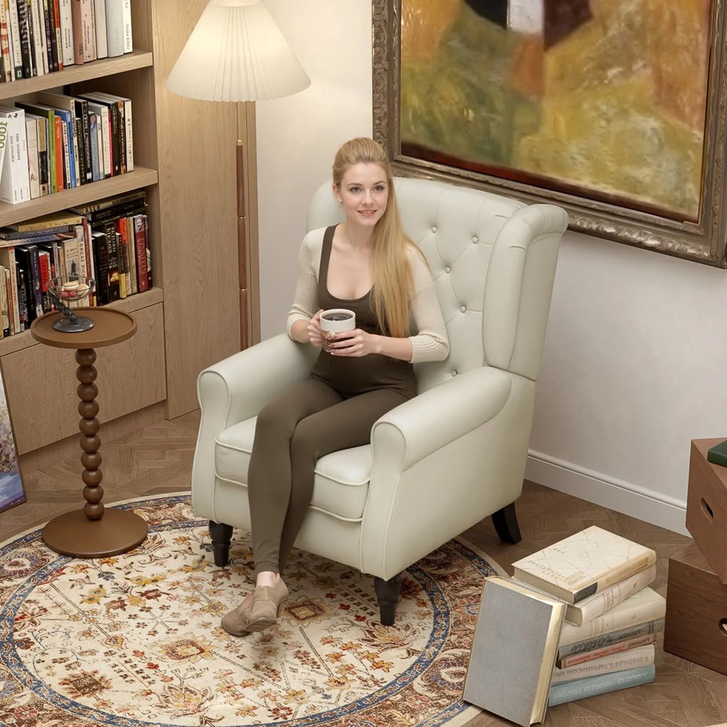 HOMCOM Scaun Decorativ Capitonat cu Spatar Inalt, Cotiere Rotunjite Captusite și Sezut cu Captuseala Groasa, Alb Crem | Aosom Romania