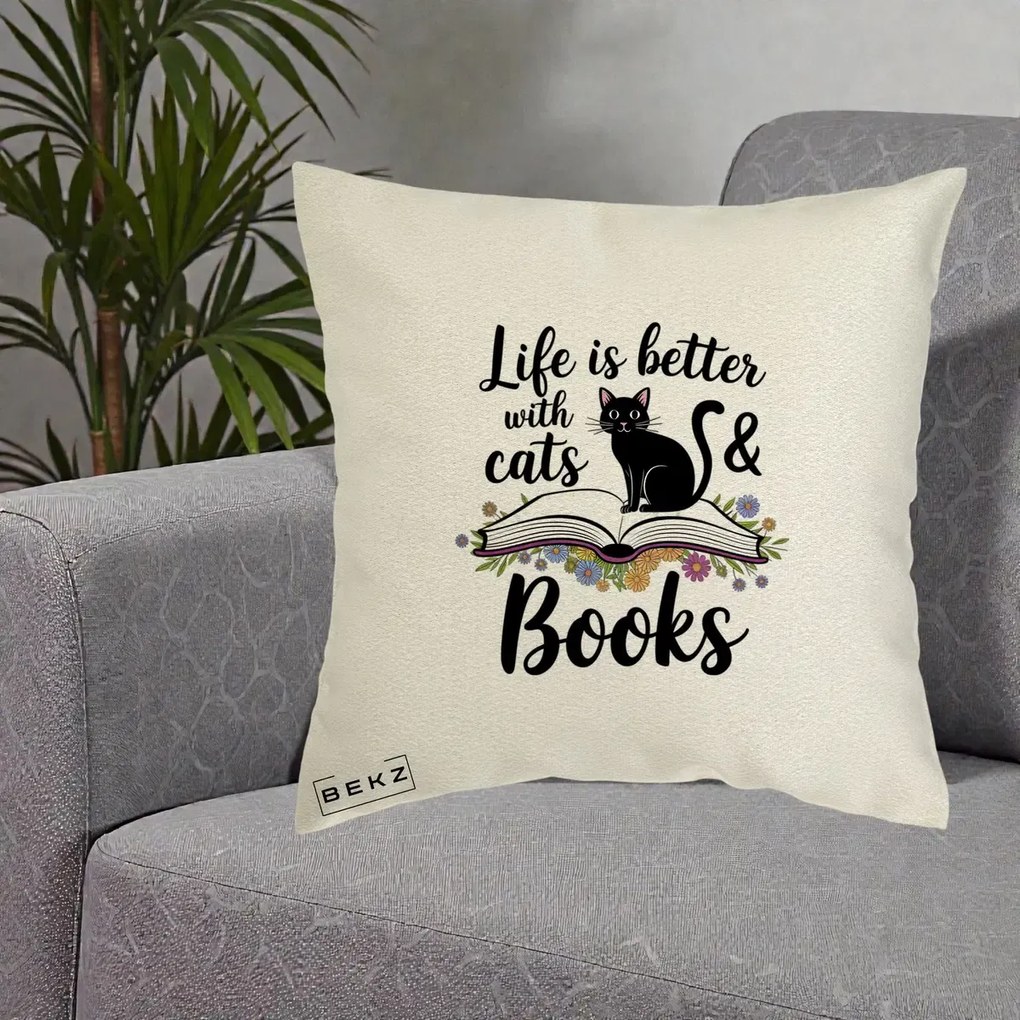 Perna Personalizata Life is Better Cats and Books, 40x40 cm, Ecru, Husa Detasabila, Perna Inclusa, BEKZ®