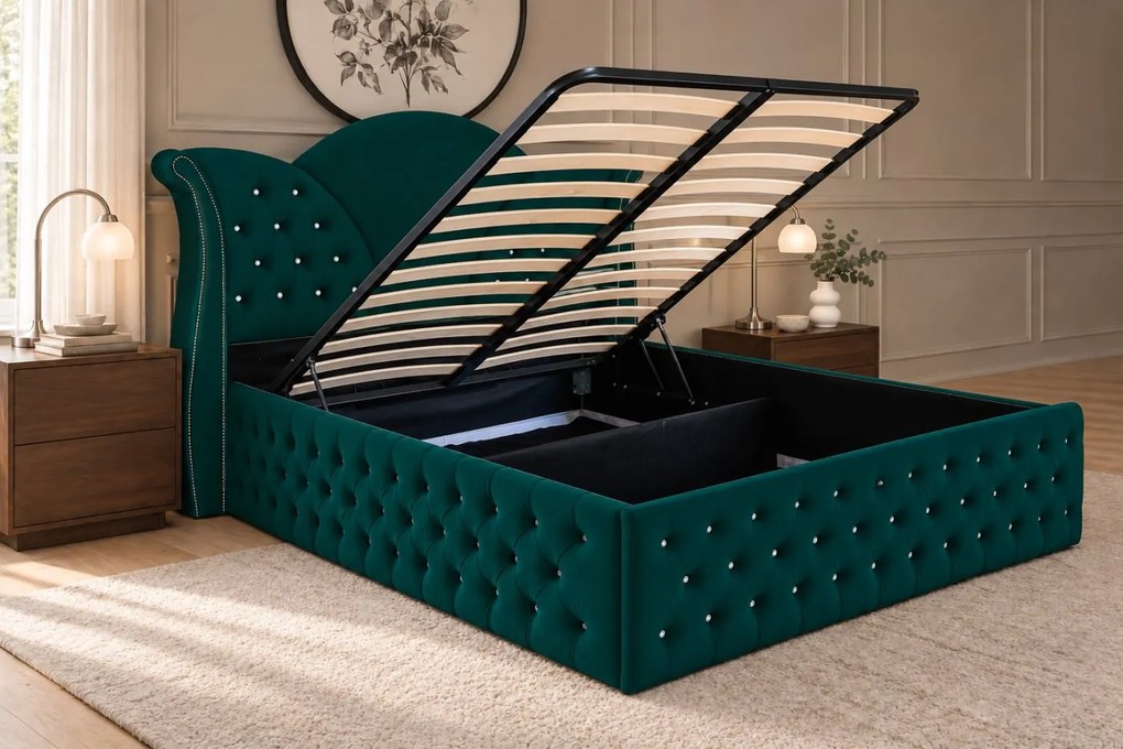Pat tapițat Chesterfield din catifea Velora Deluxe 140×200 cm, verde, cu ladă de depozitare