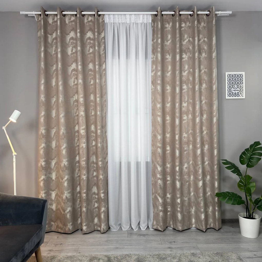 Set două Draperii (Opacitate 80%), Material tip Jacquard (Model texturat), Gata lucrate (Inele galerie), Culoare Maro (Cappuccino) + Bej, Dimensiuni draperie 160x260 cm (x2), Brand Originalio