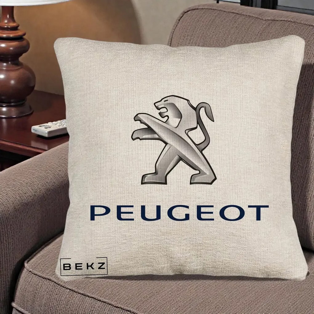 Perna Personalizata cu emblema Peugeot, 40x40 cm, Bej Canapea, Husa Detasabila, Perna Inclusa, BEKZ®