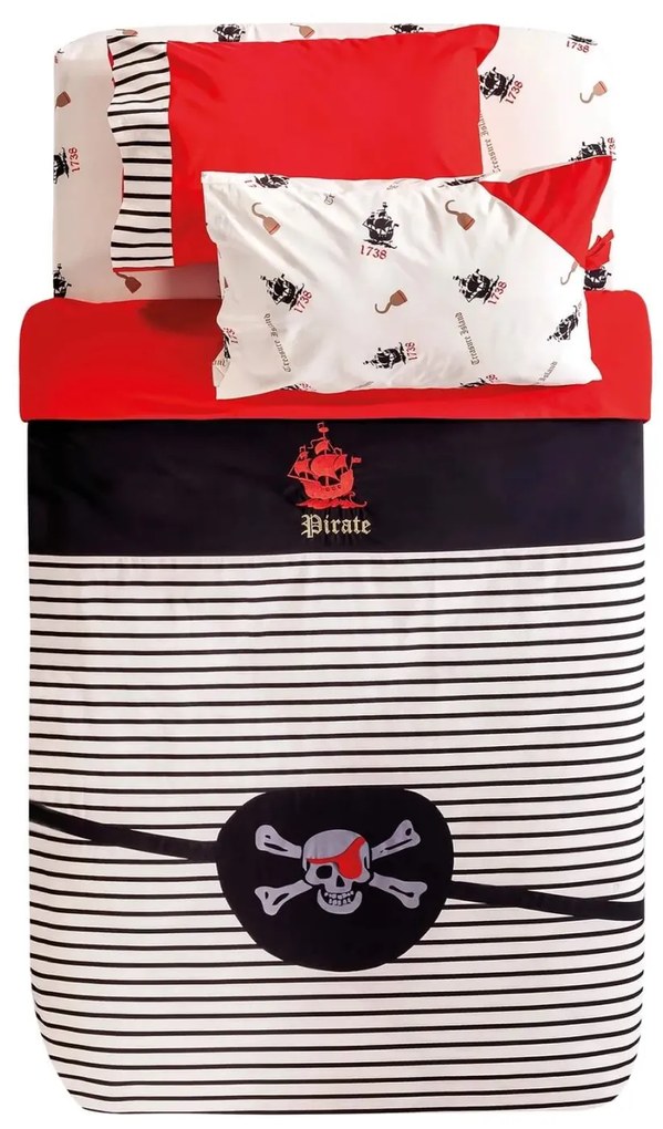 Set lenjerie pat copii cu husa pilota 4 piese , tematica pirati, 100% bumbac, 160x220 cm