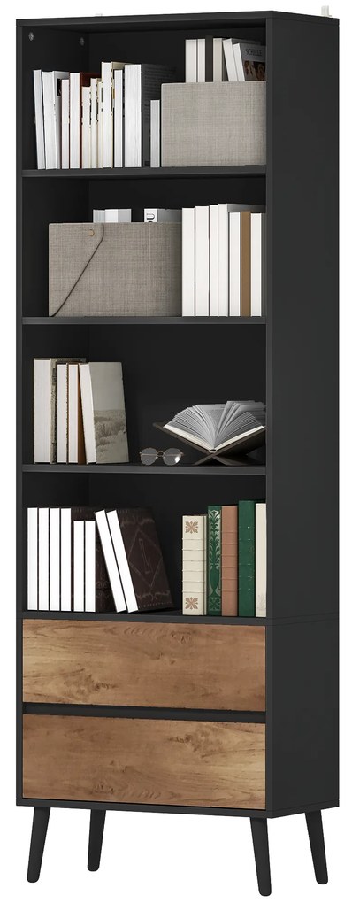 HOMCOM Bibliotecă mobilier de depozitare cu 4 compartimente deschise și 2 sertare, 60 x 30 x 179 cm, gri | Aosom Romania