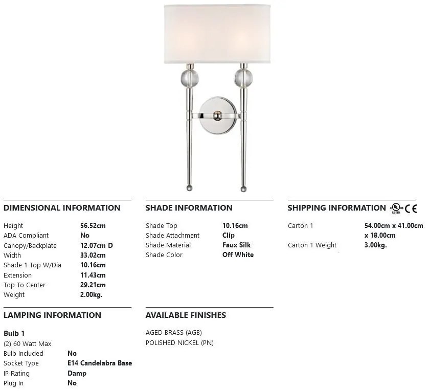 Aplica de perete design clasic ROCKLAND nichel lucios, cu 2 surse de lumina