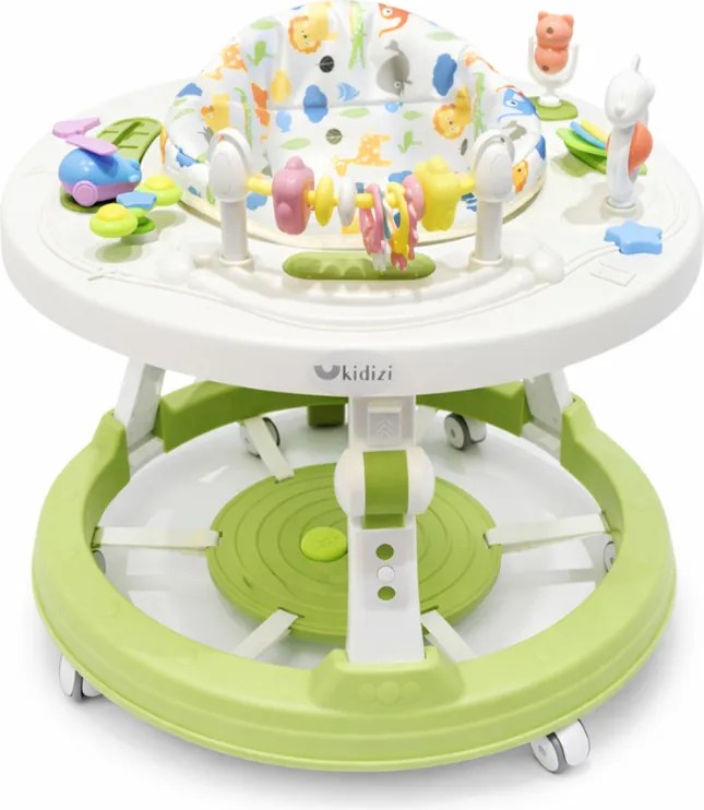 Centru de activitati transformabil in premergator Kidizi Orbit Activity Seat verde pentru bebelusi, cu panou rotativ 360°, panou pentru picioare interactiv detasabil si reglaj pe 3 niveluri