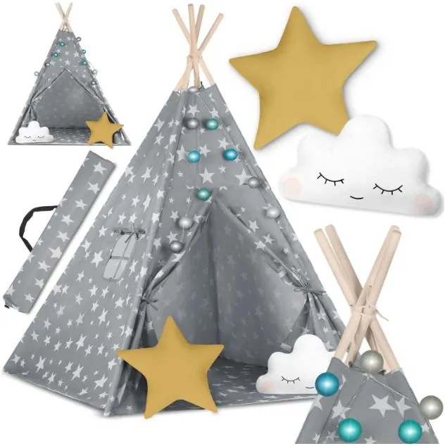 Cort pentru copii TeePee cu perne Grey Sky