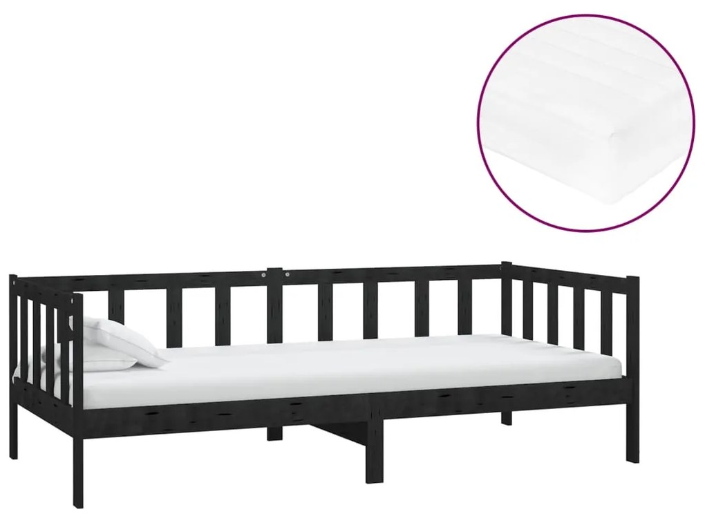 3083608 vidaXL Pat de zi cu saltea, 90x200 cm, negru, lemn masiv de pin