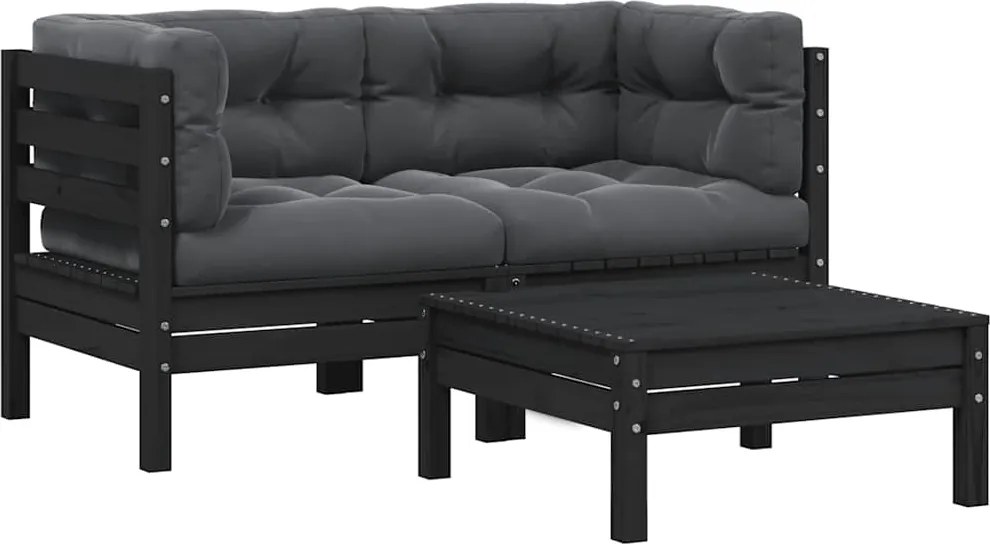 vidaXL Set mobilier grădină cu perne, 3 piese, negru, lemn masiv pin