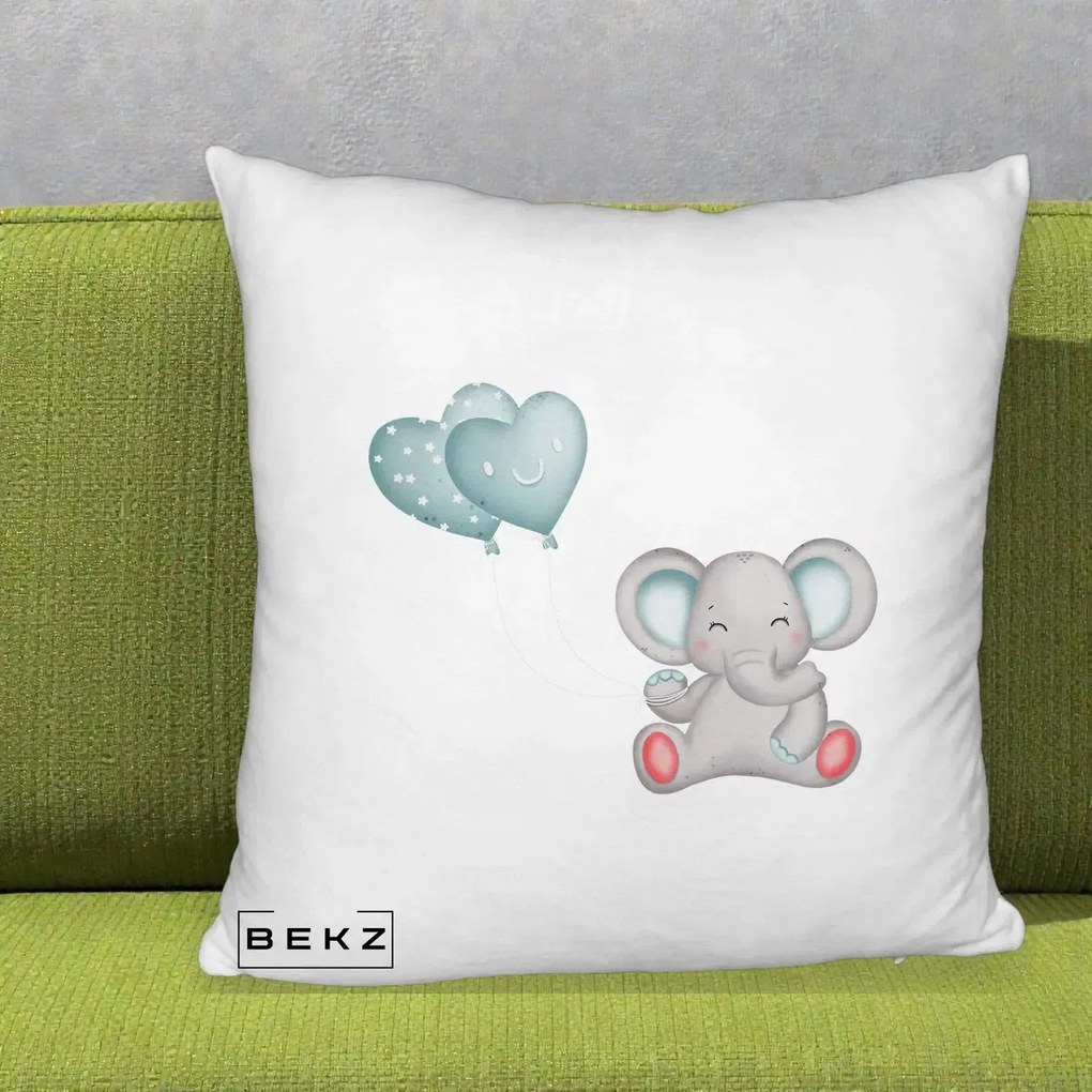 Perna Decorativa Fluffy, Model Elefant si baloane in forma de inimioare, 40x40 cm, Alb Pufos, Husa Detasabila, Perna Inclusa, BEKZ®