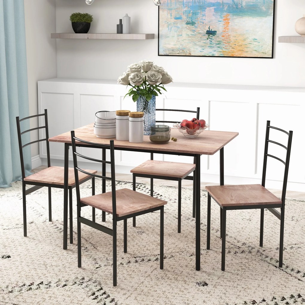 HOMCOM Set din 5 Piese cu Masă de Bucătărie Dreptunghiulară și 4 Scaune Moderne din MDF și Oțel, 110x70x75 cm , Maro | Aosom Romania