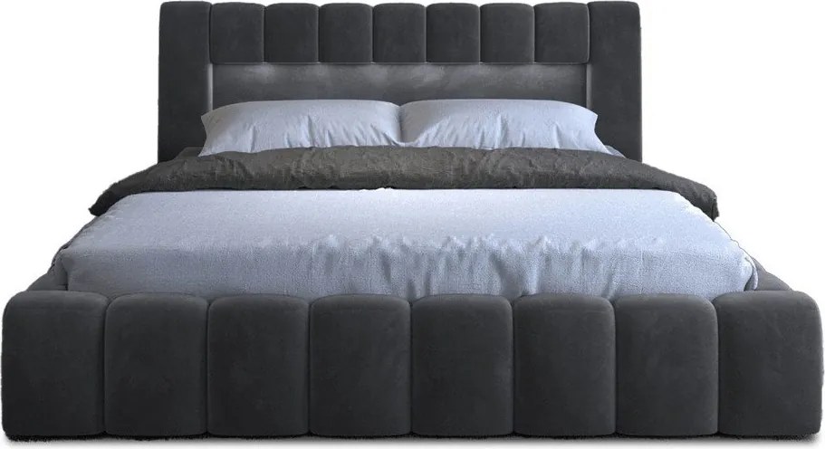 Pat matrimonial gri tapițat cu spațiu de depozitare cu somieră 180x200 cm Lamica – ELTAP
