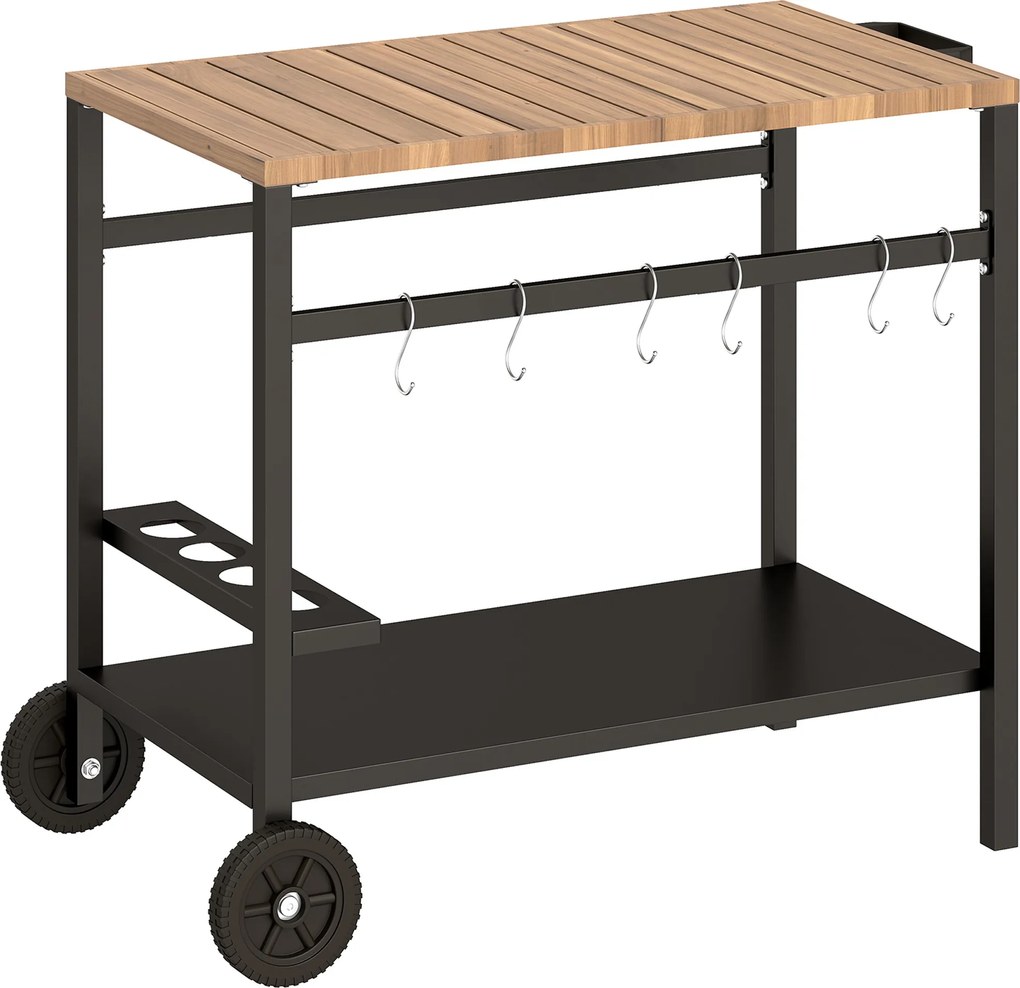 Outsunny Cărucior de grătar cu 2 niveluri Masă auxiliară mobilă pentru grătar cu roți Suport pentru băuturi Cârlige Mâner Negru și Maro | Aosom Romania