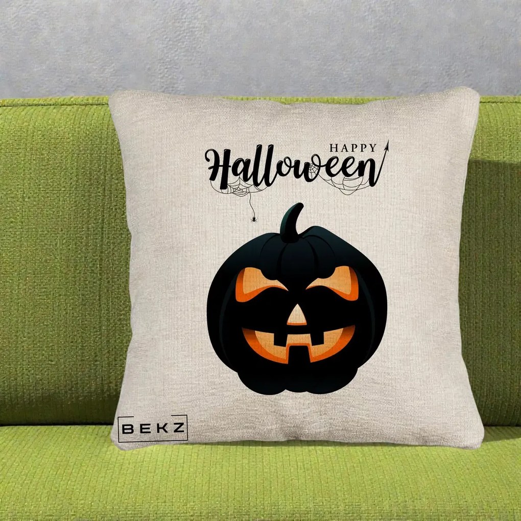 Perna Decorativa Happy Halloween Dovleac Negru cu Paianjen, 40x40 cm, Bej Canapea, Husa Detasabila, Perna Inclusa, BEKZ®