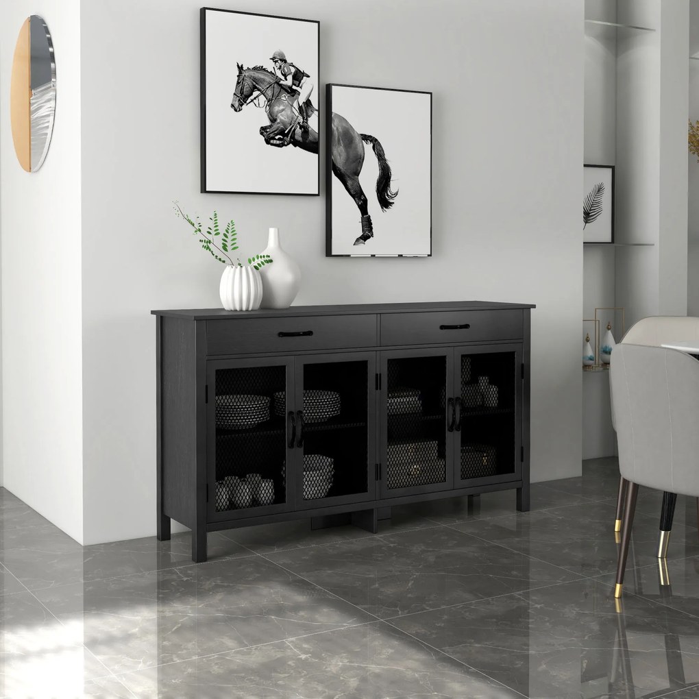 HOMCOM Bufet jos mobilier de depozitare 4 uși cu polițe reglabile și 2 sertare stil industrial 150 x 40 x 85 cm negru | Aosom Romania