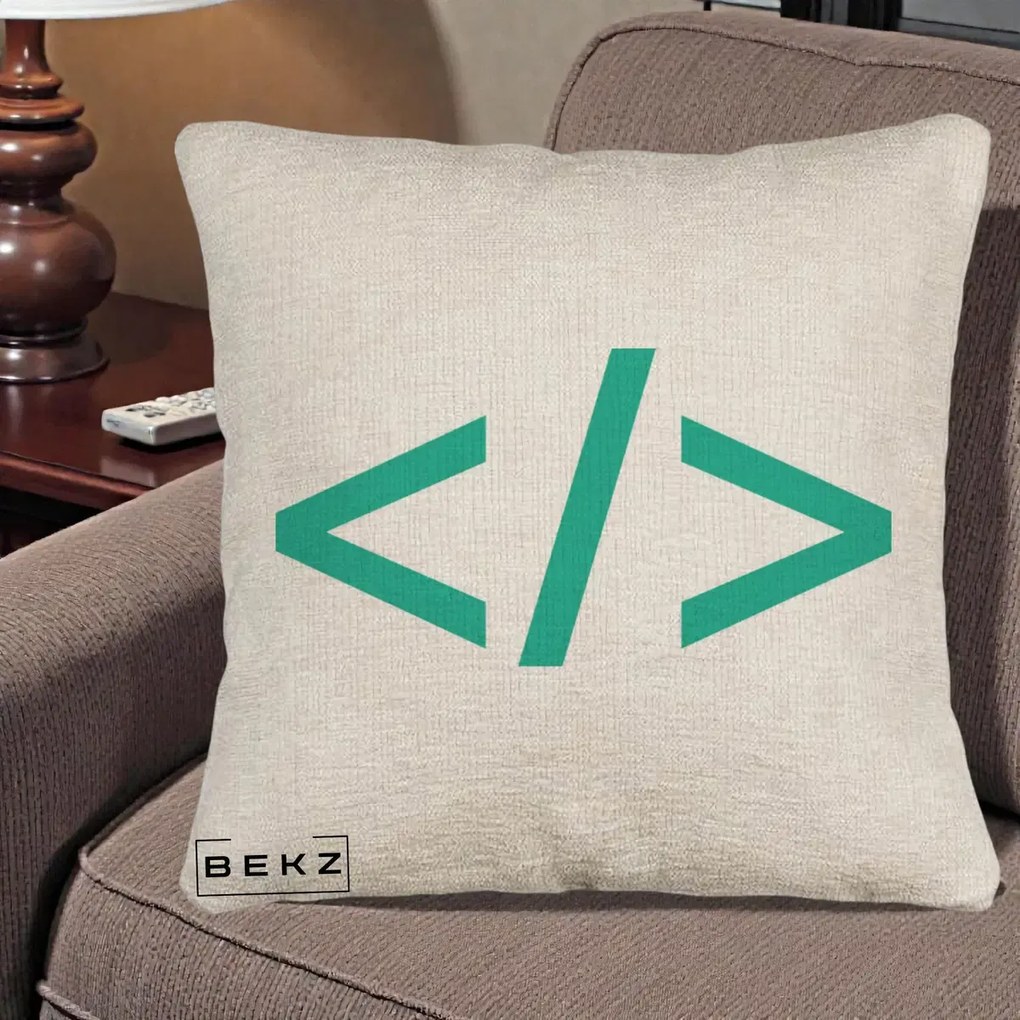 Perna Personalizata Cod HTML Turcoaz, 40x40 cm, Bej Canapea, Husa Detasabila, Perna Inclusa, BEKZ®