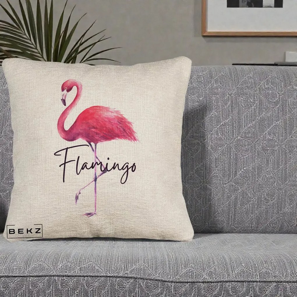 Perna Decorativa Flamingo Acuarela, 40x40 cm, Bej Canapea, Husa Detasabila, Perna Inclusa, BEKZ®
