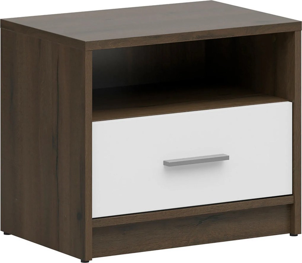 Noptiera NEPO PLUS, stejar inchis/alb, PAL laminat 50x34x43 cm