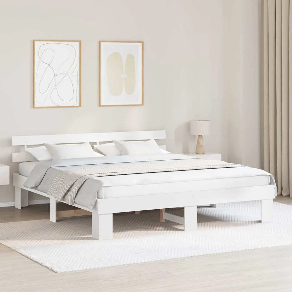 vidaXL Cadru de pat cu cap de pat alb 180x200 cm din lemn solid de pin