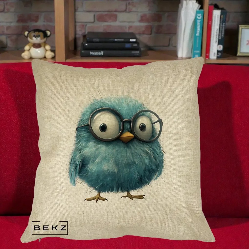 Perna Decorativa Pui Pufos Teal cu Ochelari, 40x40 cm, Crem, Husa Detasabila, Perna Inclusa, BEKZ®